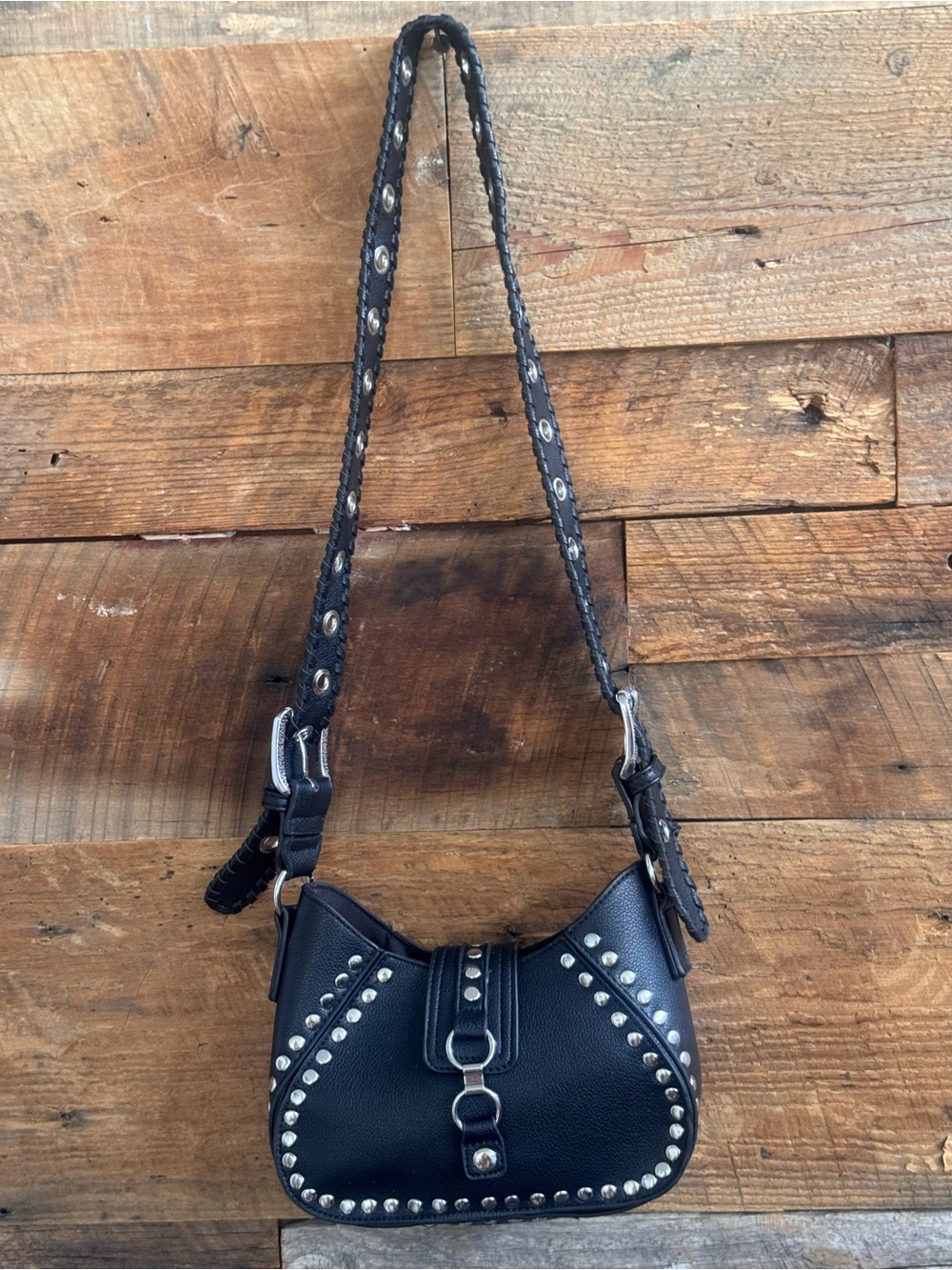 Black Studded Grommet Eyelet Whipstitch Crescent Shoulder Bag Urban Outfitters